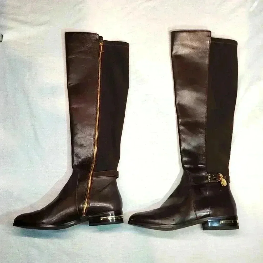 MICHAEL KORS WOMEN'S BROWN AND GOLD RIDING BOOTS NWOB